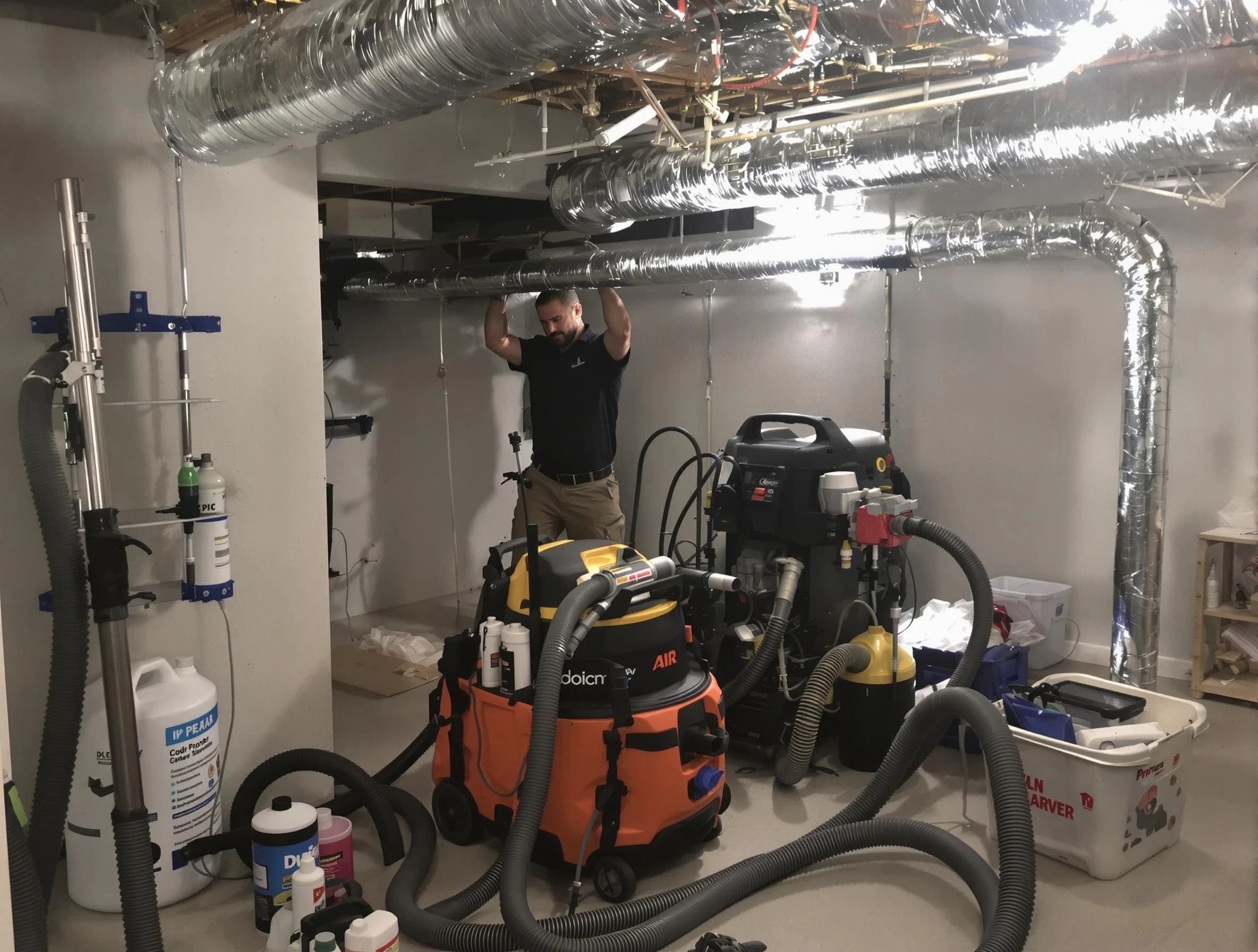 Watertown Town Air Duct Cleaning specialist performing professional mold removal from air ducts using safety equipment in Watertown Town