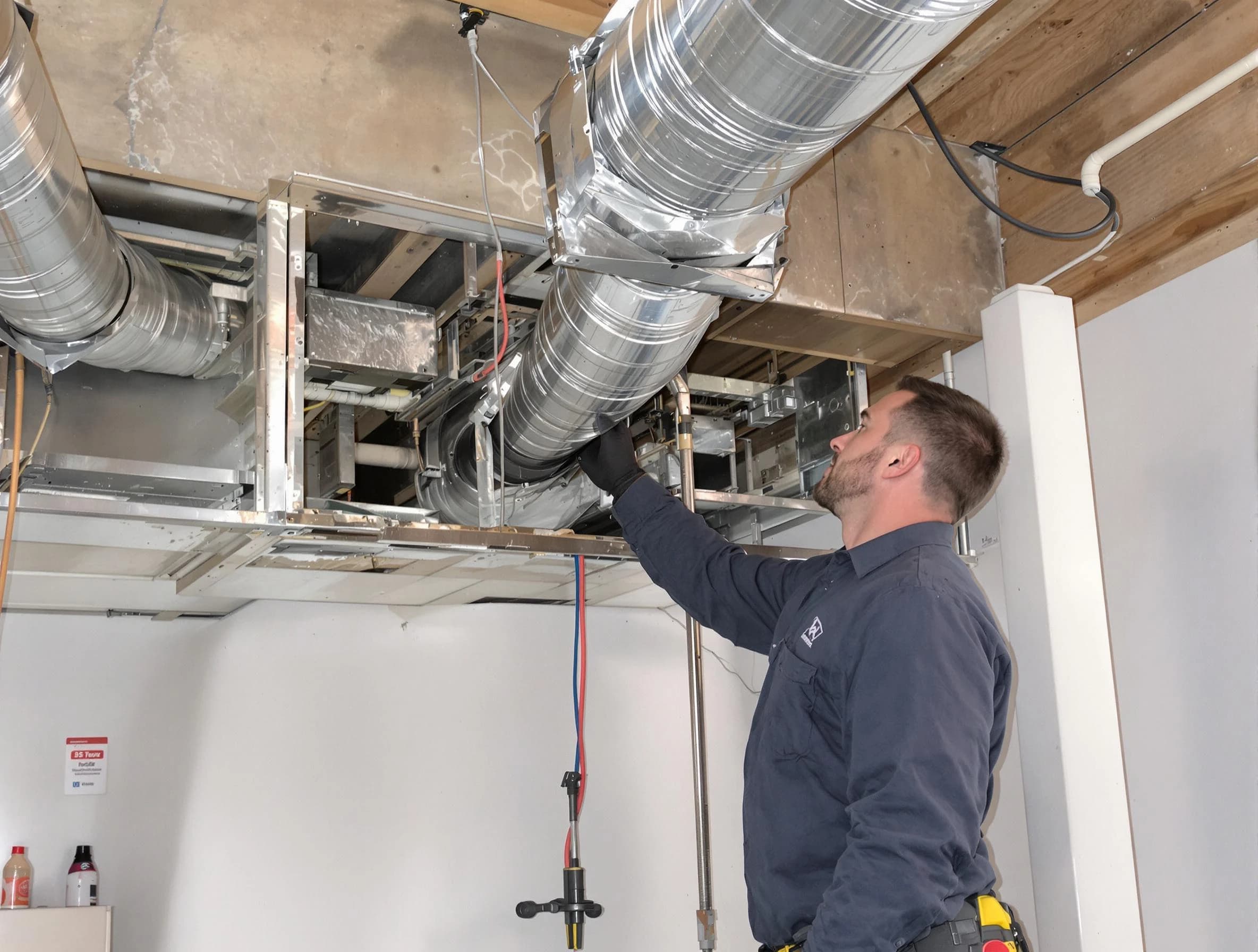 Watertown Town Air Duct Cleaning technician performing professional air duct repair using specialized tools in Watertown Town
